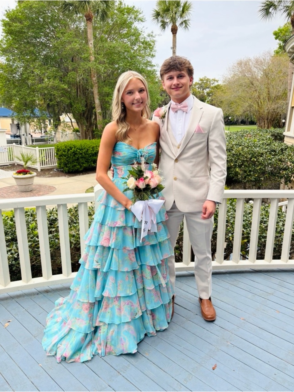 Sherri Hill Blue Floral Tiered Ruffle Prom Dress